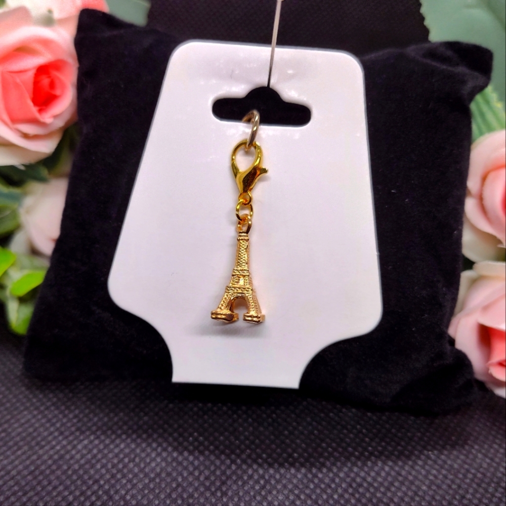 Gold Toned Paris Eiffel Tower Lobster Claw Clasp Clip on Charm Zipper Purse Bag